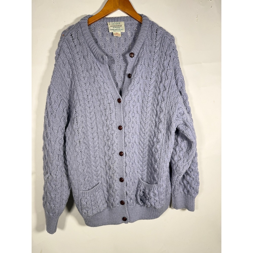 Cladyknit Mens Blue Wool Cable Knit Cardigan Sweater Made in Ireland Size L